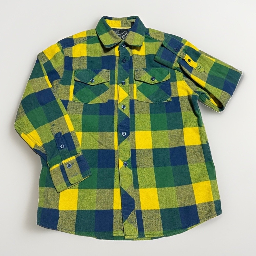 Fox Racing Flannel Shirt Boys M Green Yellow Plaid Button Up